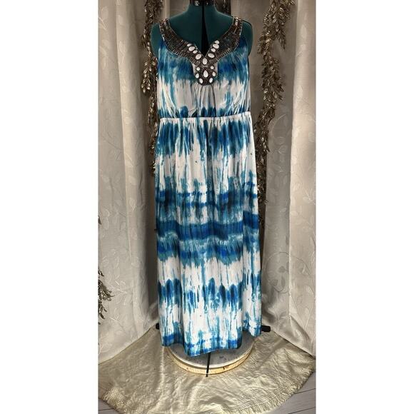 Lane Bryant Blue White Beaded Maxi Dress | Plus Size 22 | Boho Beach Resort Vibe - Picture 7 of 15